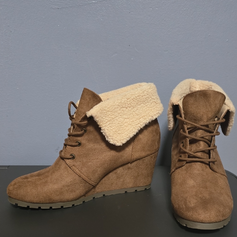 SM New York Brown Faux Suede Wedge Boots